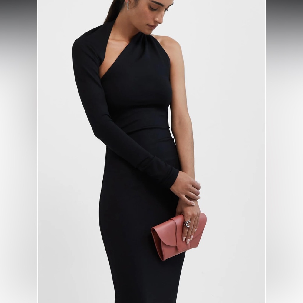68. Marcella $158 Manhattan One-Shoulder Ponte Knit Gown Elegant Black Dress - Picture 2 of 5